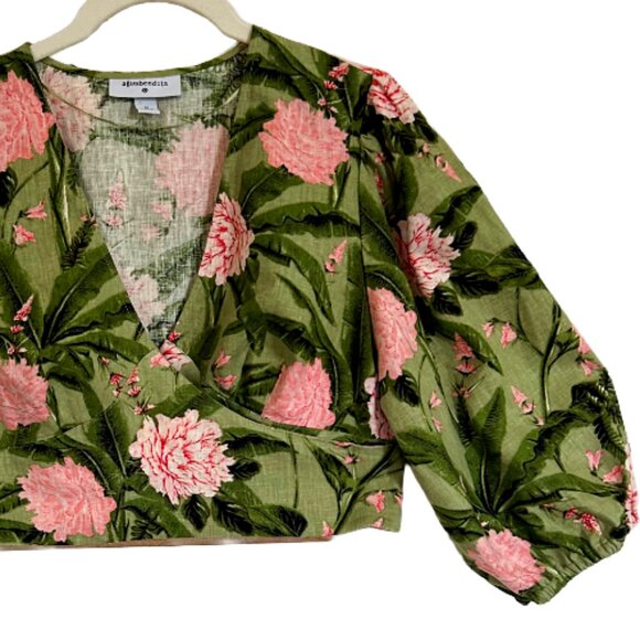 Agua Bendita Peony Print Linen-Blend Tie Wrap Crop Top Green Pink M Floral Wrap - Picture 4 of 10